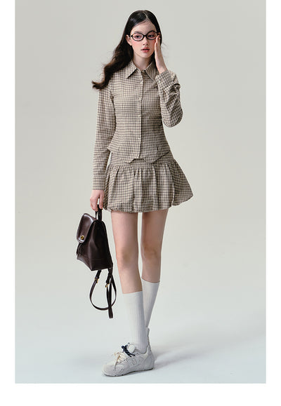 Cotton Plaid V-Hem Shirt And Balloon Mini Skirt Outfit (hover)