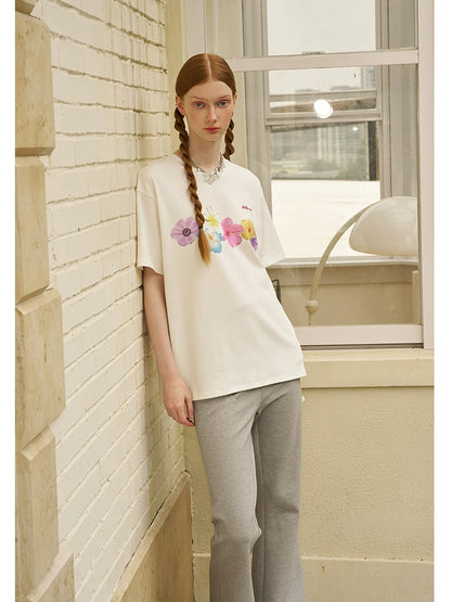 Oversized Blooming Tropical Flower Print Round Neck T-Shirt