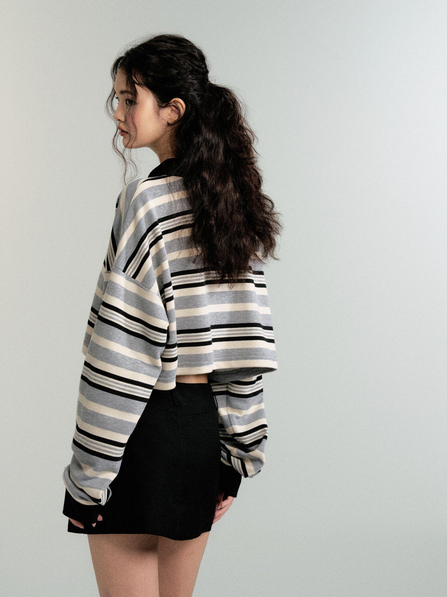 Contrast Color Cropped Stripe Polo Sweatshirt