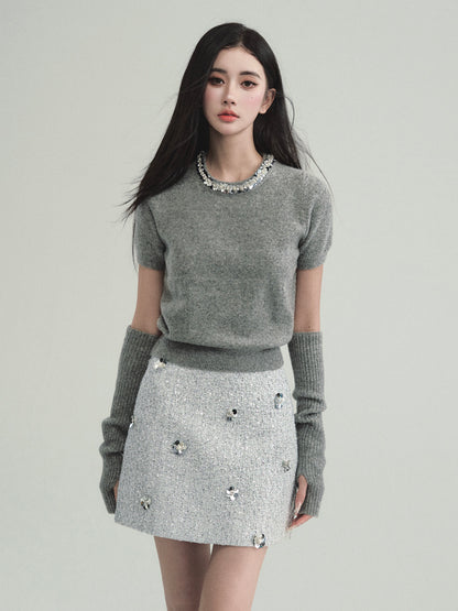 Sequined Neck Knit T-Shirt With Matching Sleeves