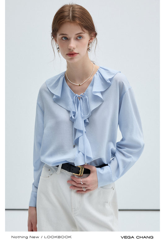 Ruffled Collar Button Down Chiffon Blouse