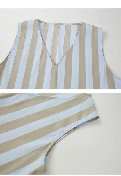 V-Neck Tucked Waist Striped Long Cotton Drapey Dress