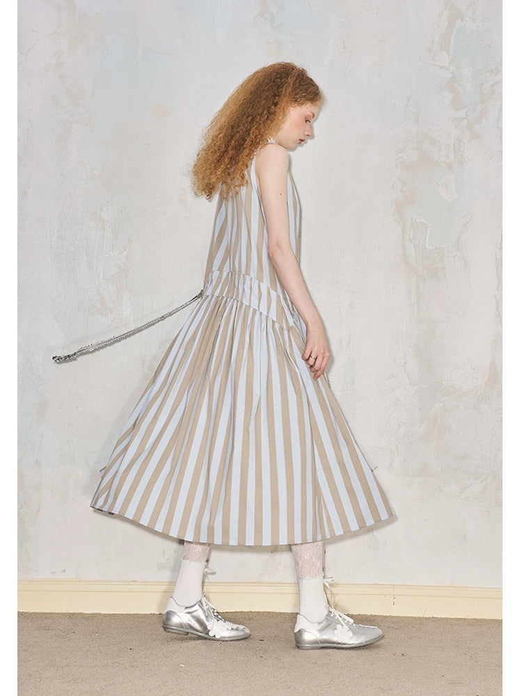 V-Neck Tucked Waist Striped Long Cotton Drapey Dress