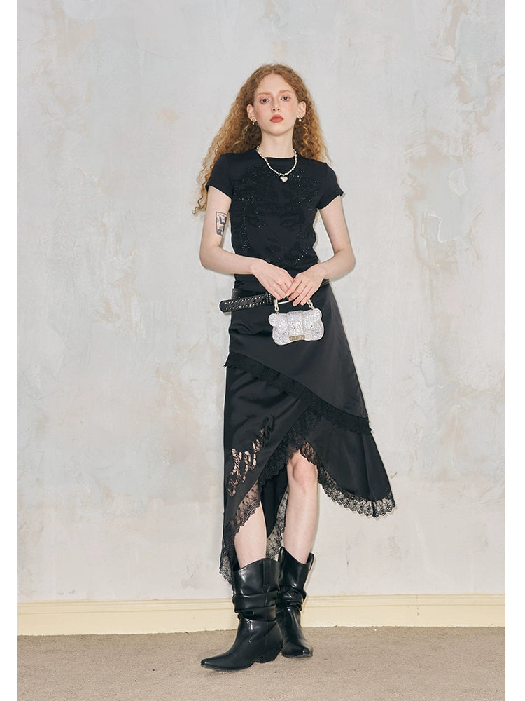 Asymmetric Elegant Lace-Trimmed Drapey Satin Skirt