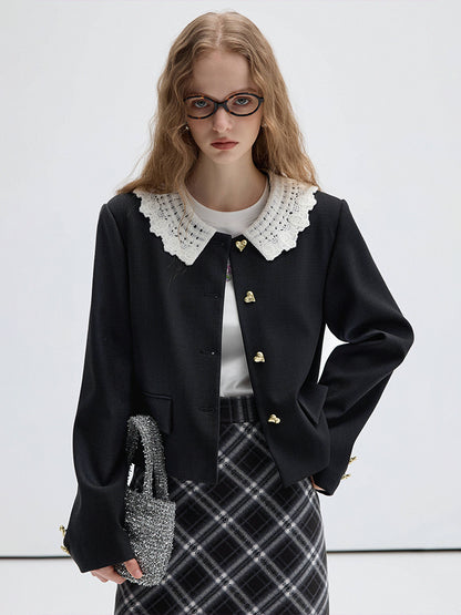 Heart Button Lace Collar Jacket, Bias Plaid Skirt