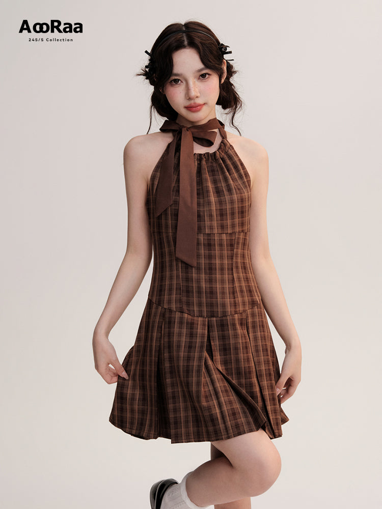 Two-Way Straps Plaid Pleated A-Line Dress