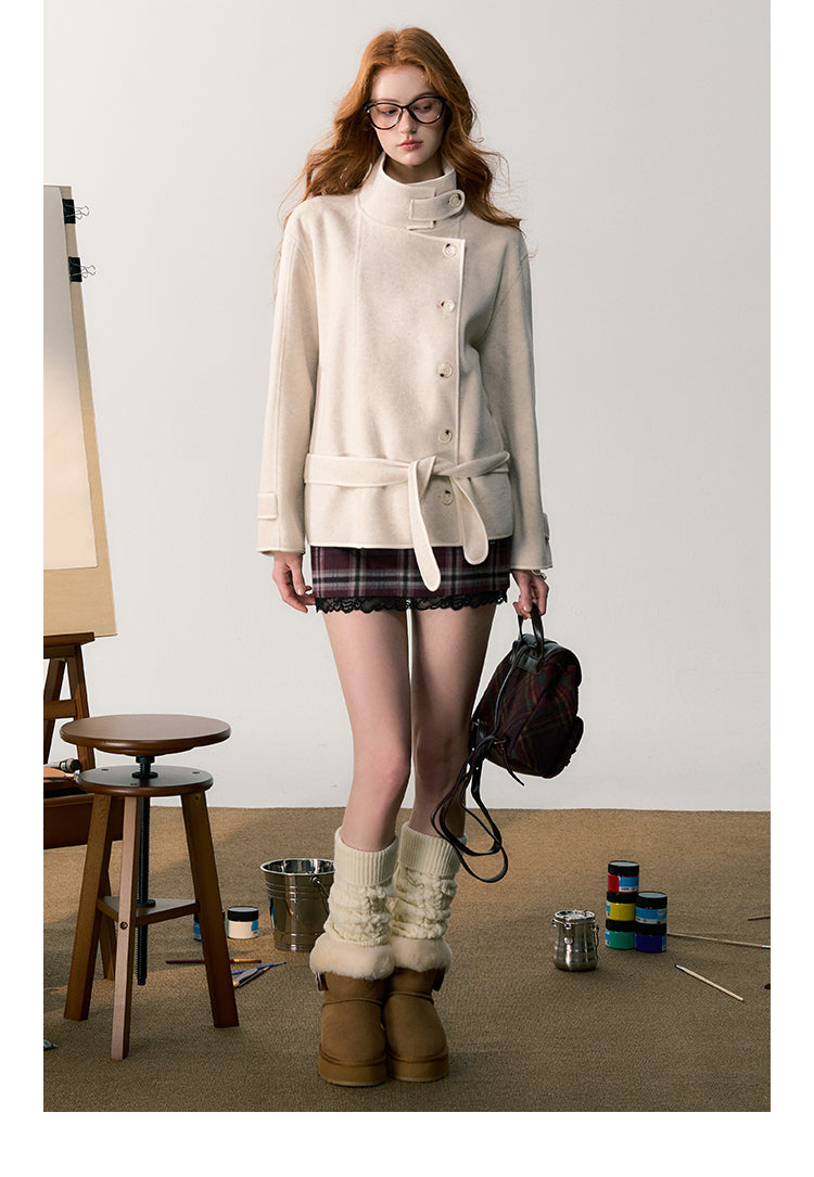 Stand Collar Belted Off-Center Button Short Coat