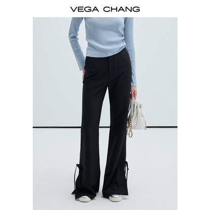 Bow Detail Slim Fit Flared Long Slit Pants