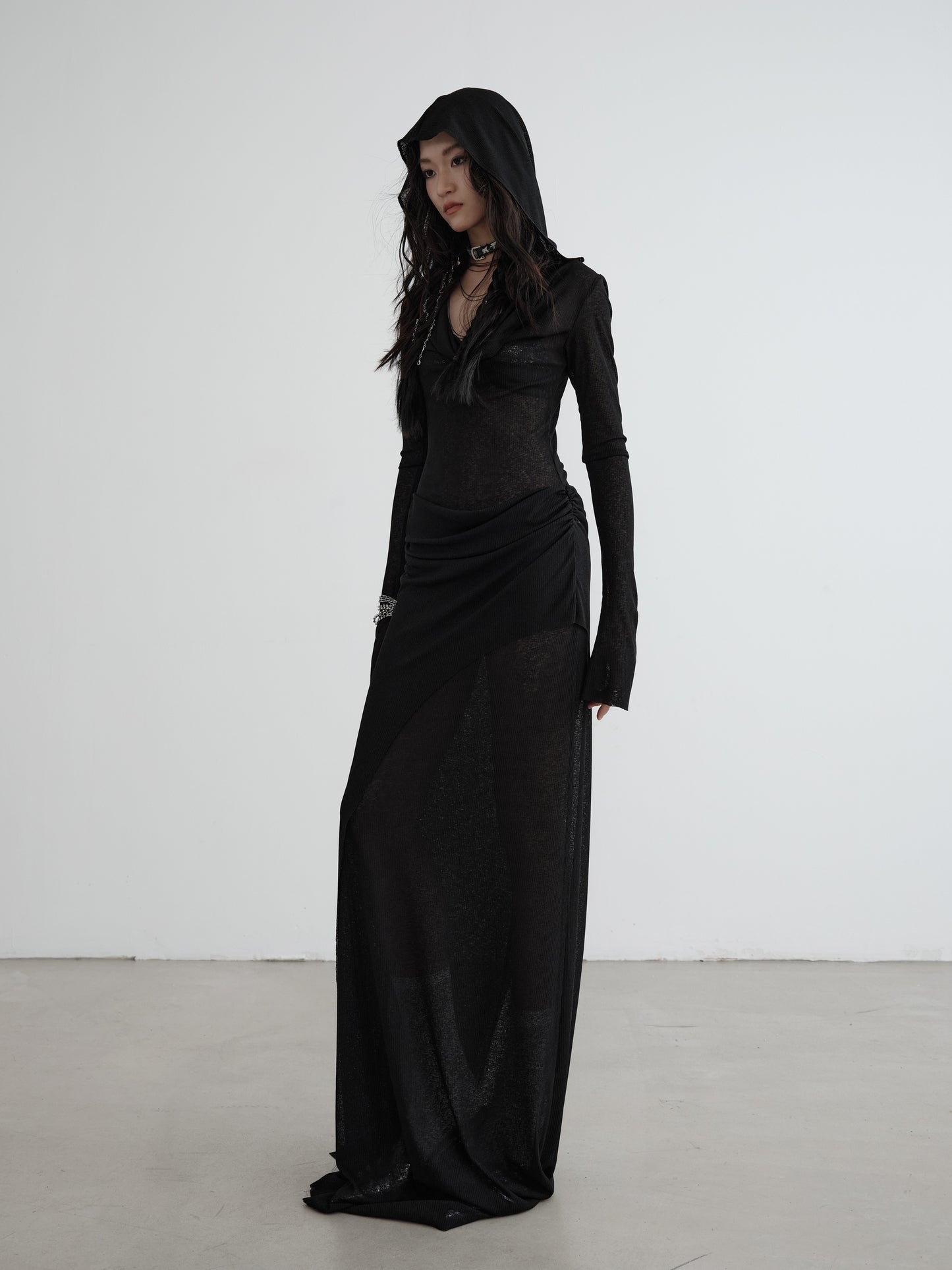 Hooded Sheer Rib Knit Faux Two-Piece Drape Dress