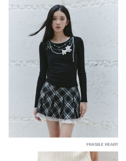 Lace-Trimmed Plaid Mini Pleated Skirt