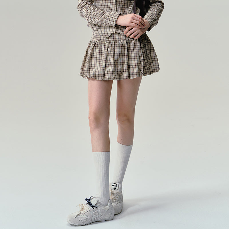 Cotton Plaid V-Hem Shirt And Balloon Mini Skirt Outfit