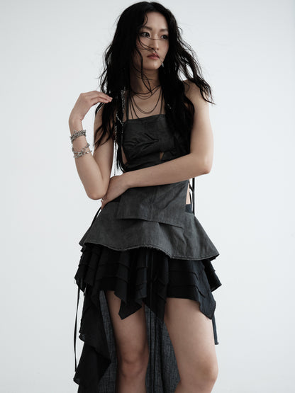 Long-Tailed Asymmetrical Lace-Up Ruffle Skirt