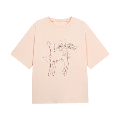 Oversized Deer Print Round Neck Cotton T-Shirt