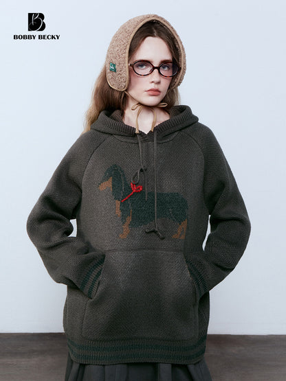 Dachshund Jacquard Hoodie Knit Top And Twill Skirt