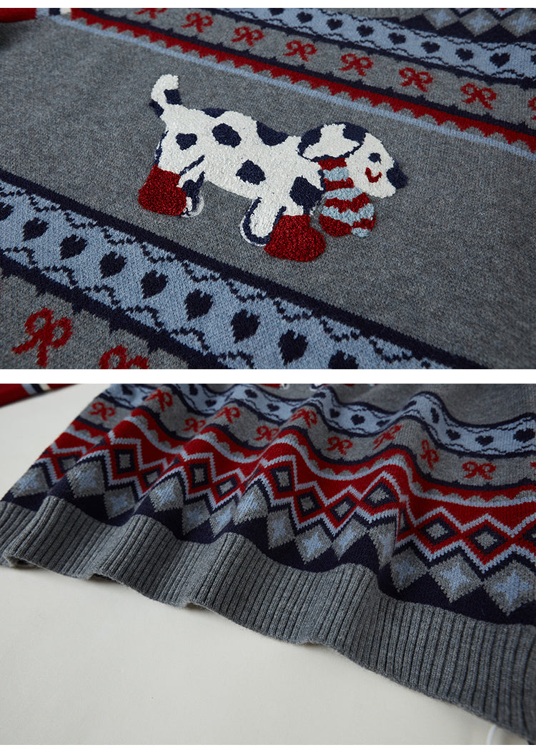 Dressed Puppy Embroidery Crew Neck Knit Sweater