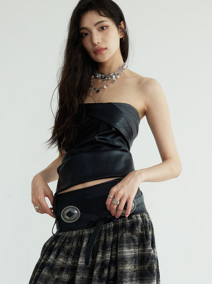 Plaid Long Skirt With Faux Leather Belted Waist