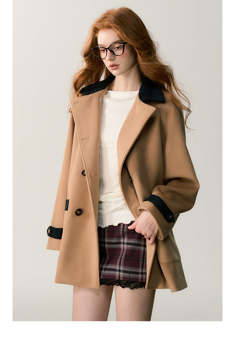 Wool Blend Double-Breasted Contrast Panel Coat