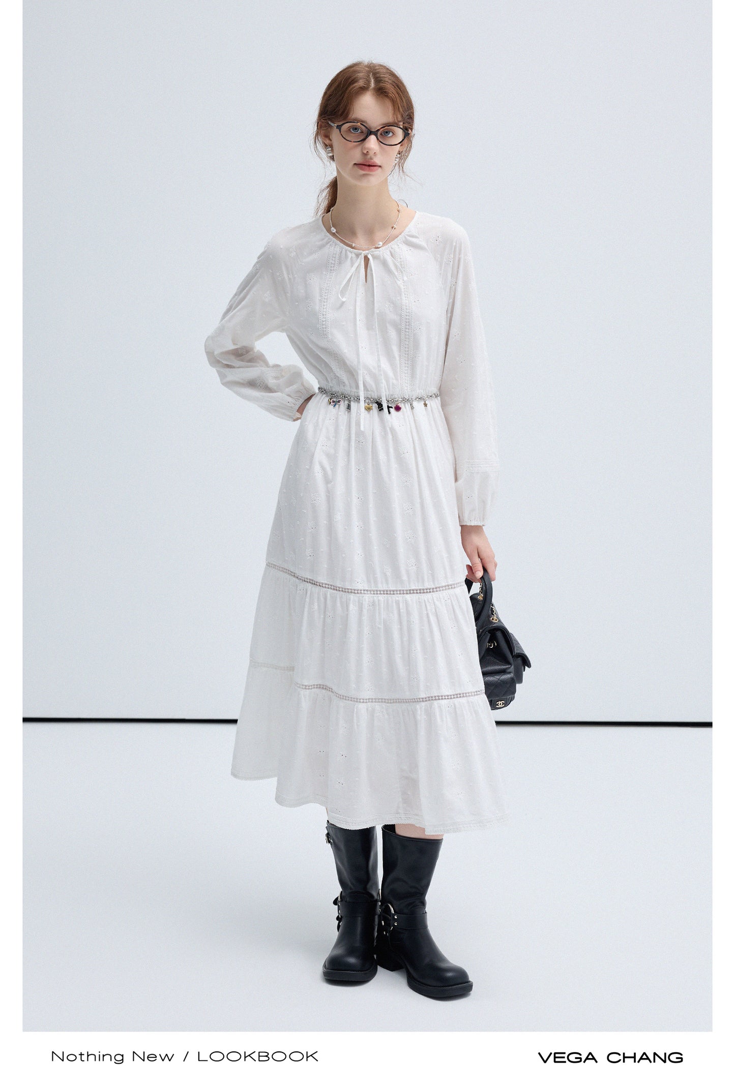 String Tie Neck Embroidery Long Tiered Smock Dress