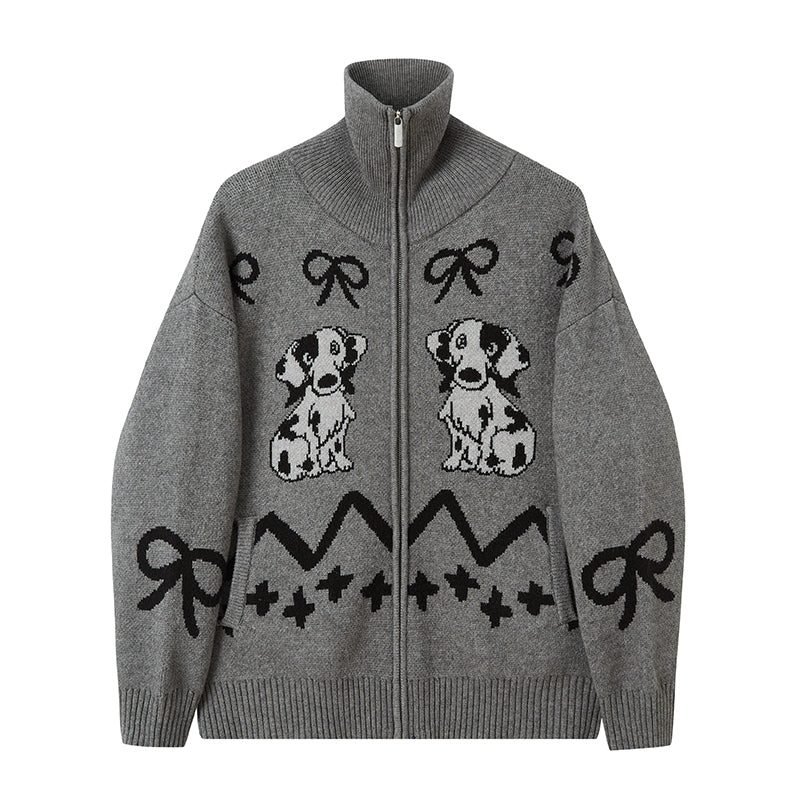 Dog Pattern Turtle Neck Zip Front Cardigan