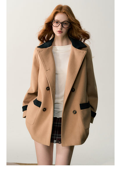 Wool Blend Double-Breasted Contrast Panel Coat