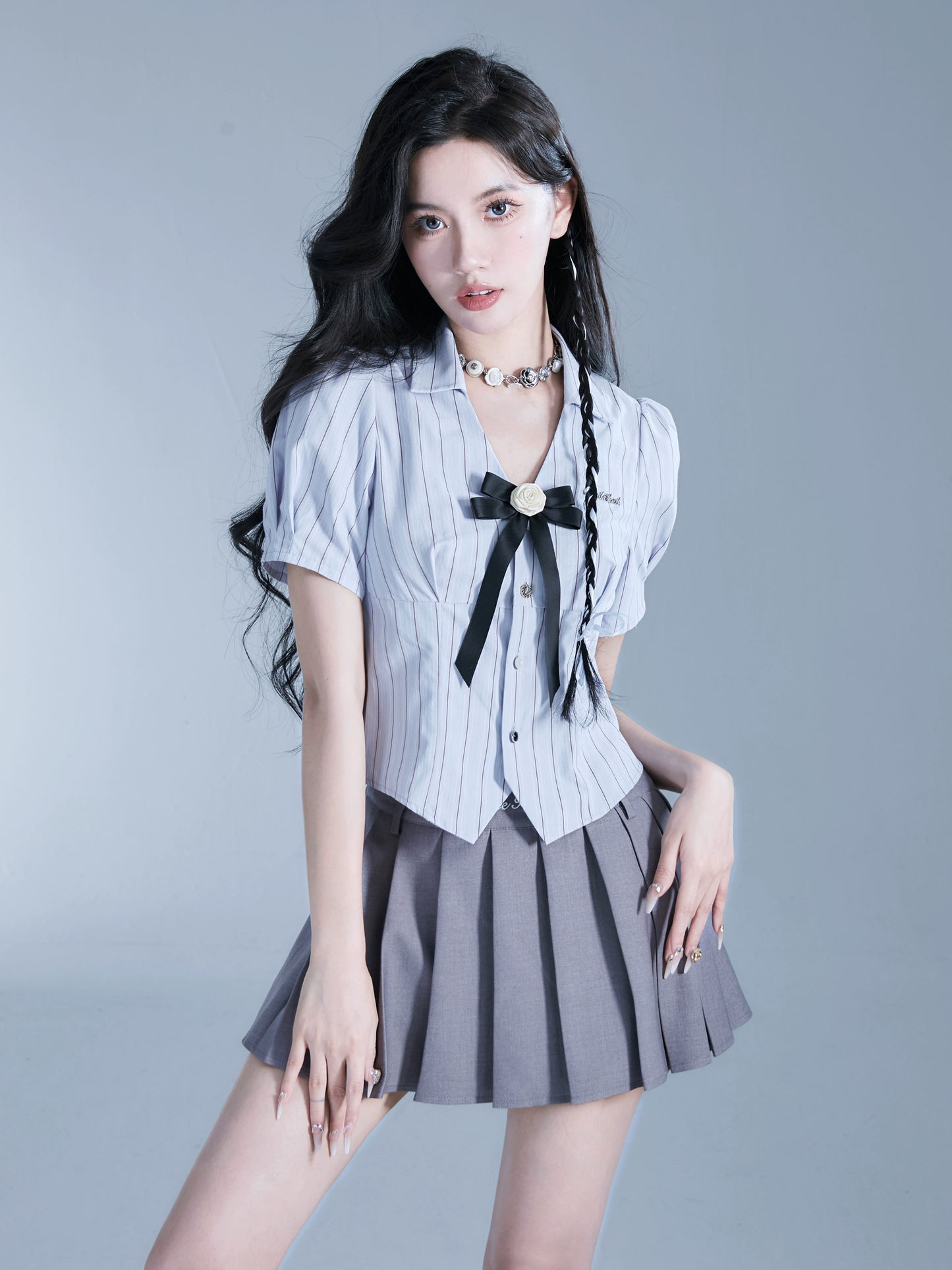 School Girl Style Rose Open Collar Shirt And Pleated Skirt