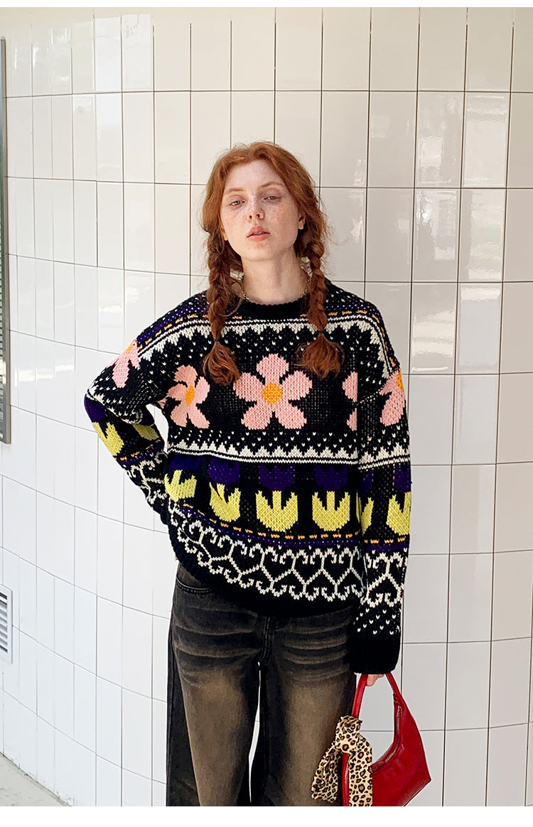 Multicolor Floral Jacquard Crew Neck Sweater