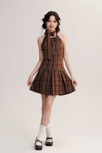 Two-Way Straps Plaid Pleated A-Line Dress