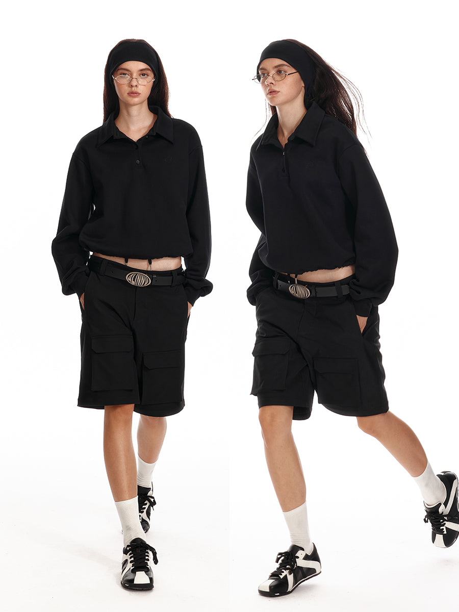 Polo Collar Relaxed Fit Drawstring Cotton Sweatshirt