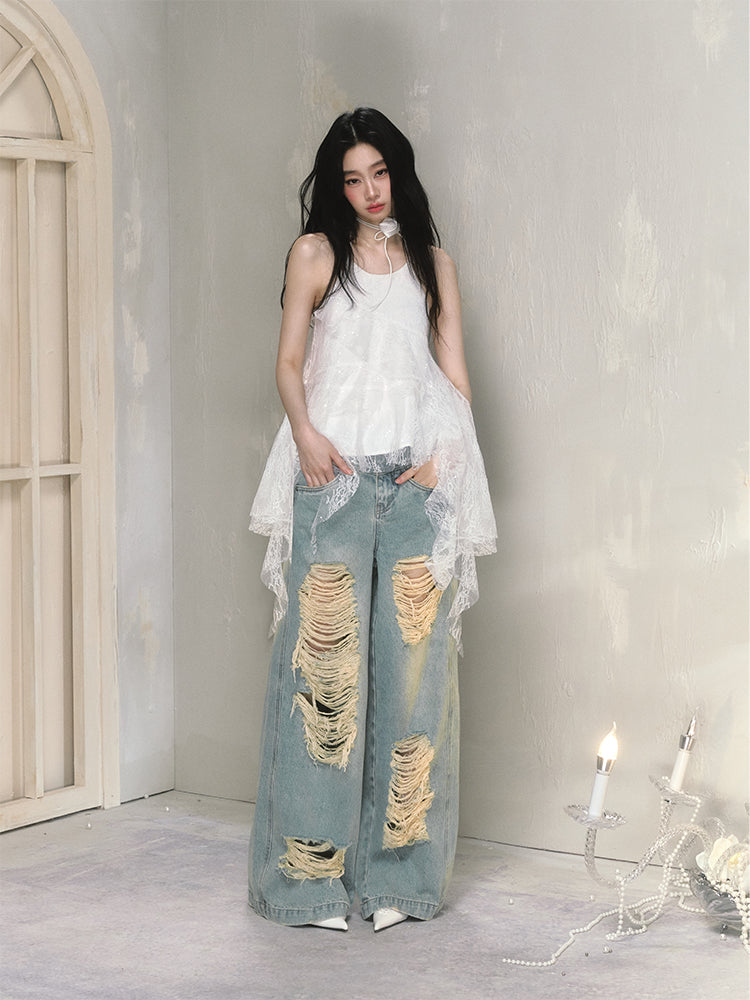 Vintage Style Distressed Shredded Wide Leg Jeans