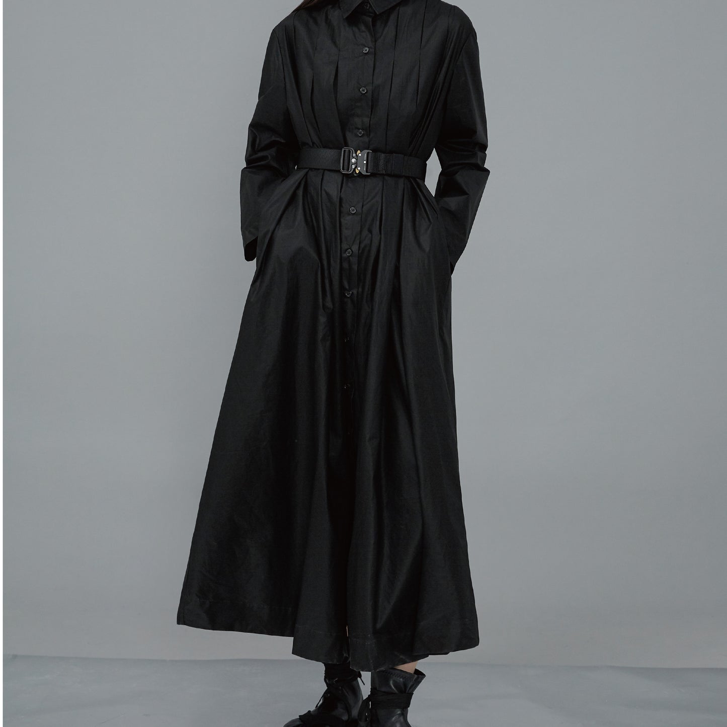 Relax Fit Pleated Cotton Long Shirt Dress