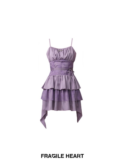 Lace Mixed Ruffled Mini Camisole Dress With Waist Strap