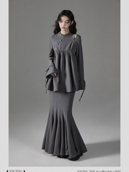 Qipao Style Twill Draped Top And Fishtail Skirt