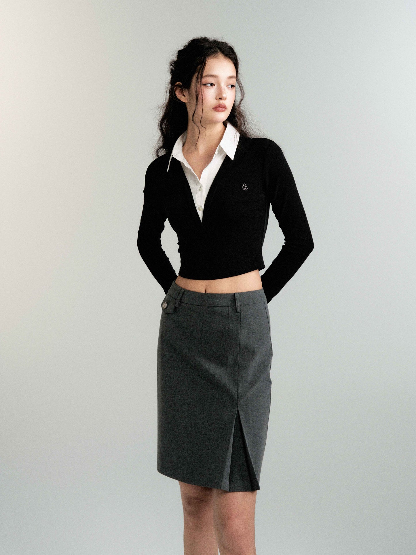 Office Lady Faux Two-Piece Slim Fit Cropped Shirt