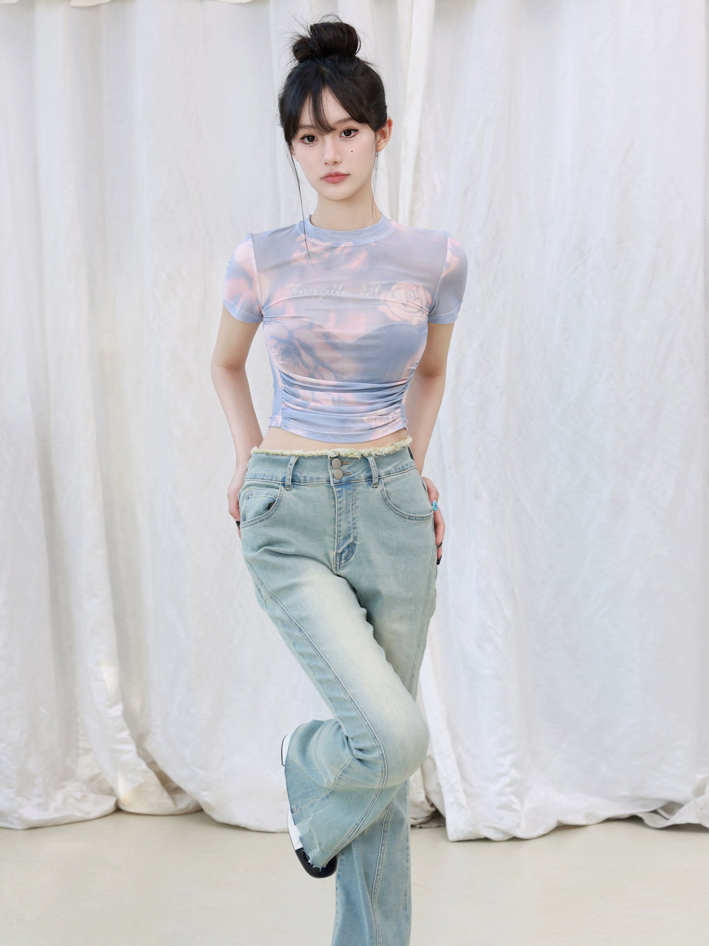 Rose Print Sheer Stretchy Ruched Mock Neck T-Shirt