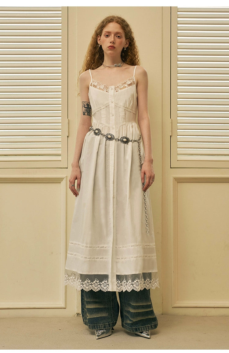 Elegant Summer Camisole Long Dress With Lace Details