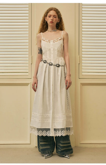 Elegant Summer Camisole Long Dress With Lace Details