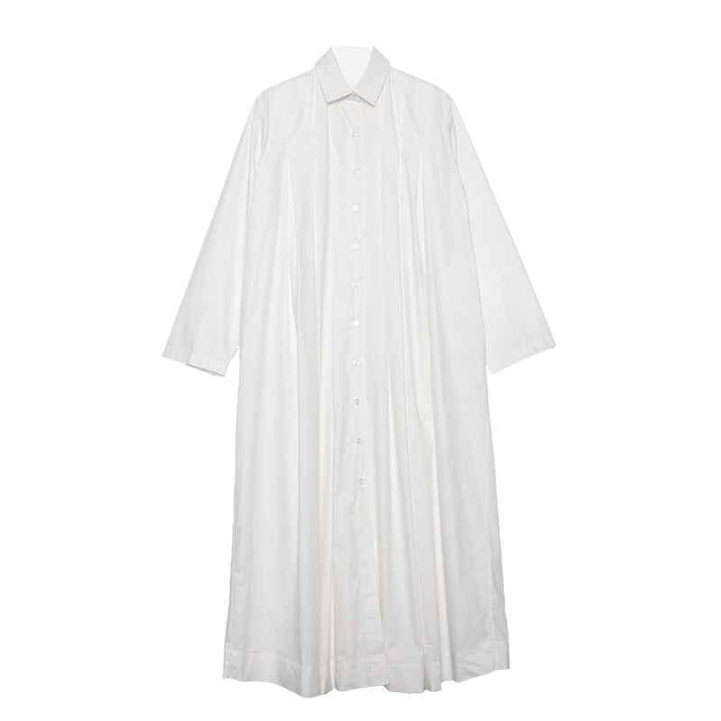 Relax Fit Pleated Cotton Long Shirt Dress