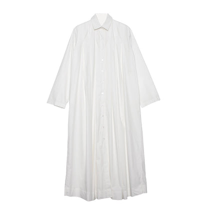 Relax Fit Pleated Cotton Long Shirt Dress