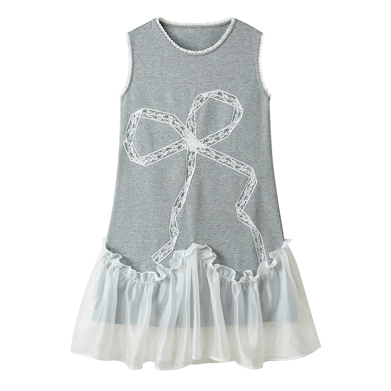 Lace Bow Embroidered Sleeveless Dress With Extra Sheer Hem