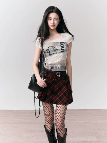 Plaid Pleated Double Waist A-Line Mini Skirt