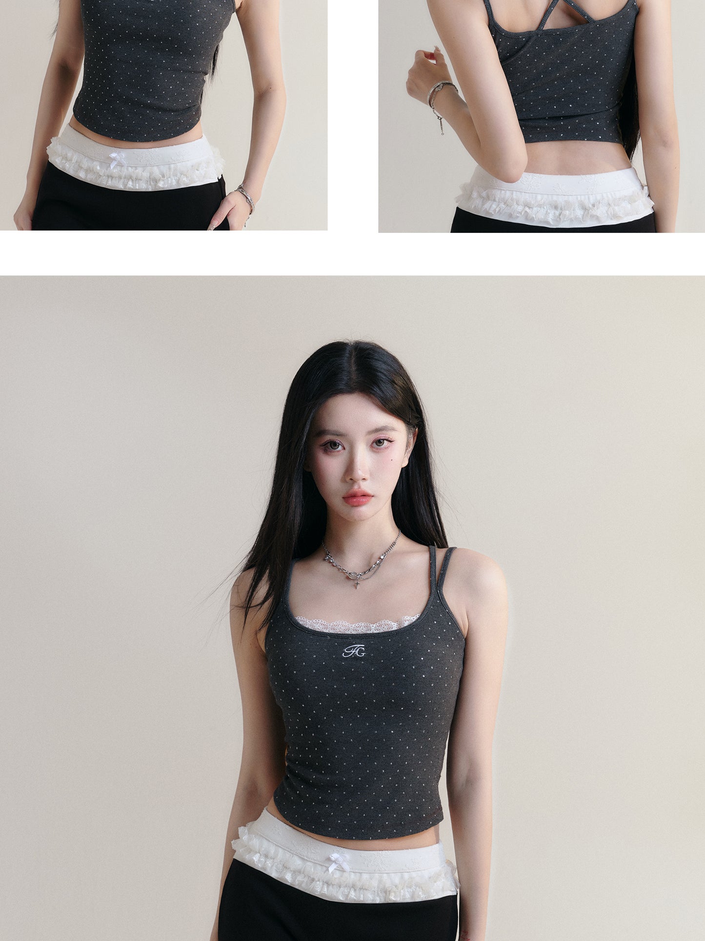 Dotted Cross Strap Lace Trimmed Crop Cami Top