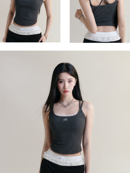 Dotted Cross Strap Lace Trimmed Crop Cami Top