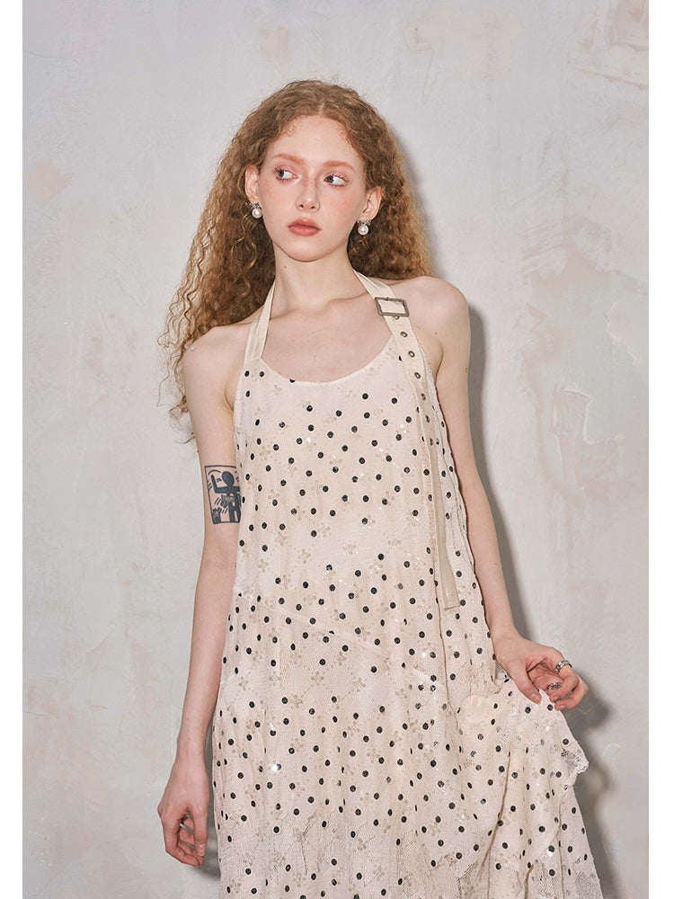 Sequin Polka Dot Belt-Style Halter Asymmetrical Long Dress