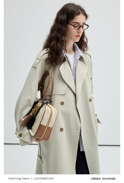 Belted Trench Coat With Faux Two-Piece Stripe Shirt