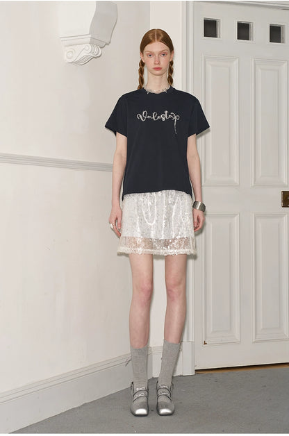 Contrast Letter Embroidery Cotton T-Shirt