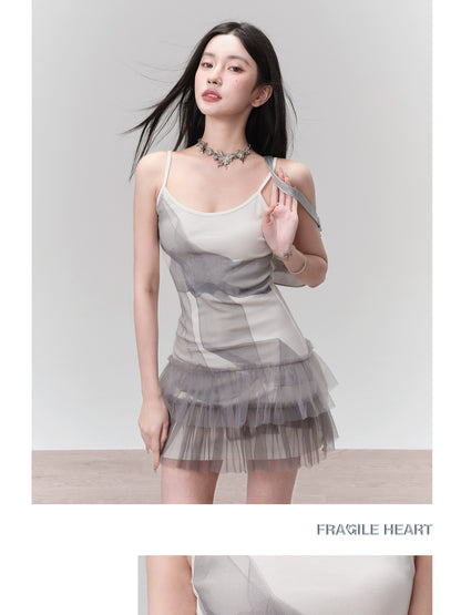 Pictorial Bow Print Tulle Camisole Dress