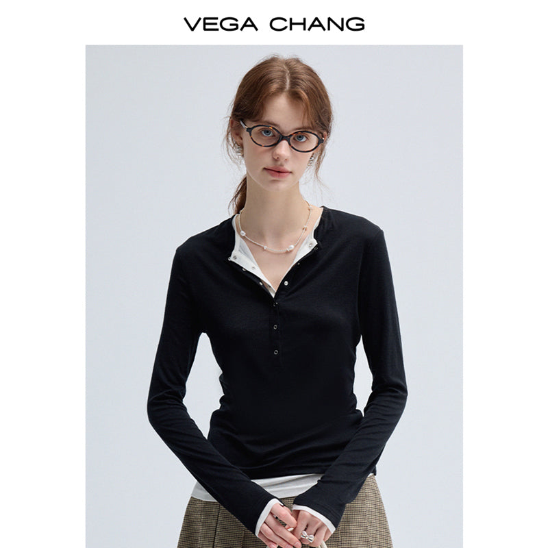 Faux Two-Piece Slim Fit Henley Neck Knit T-Shirt