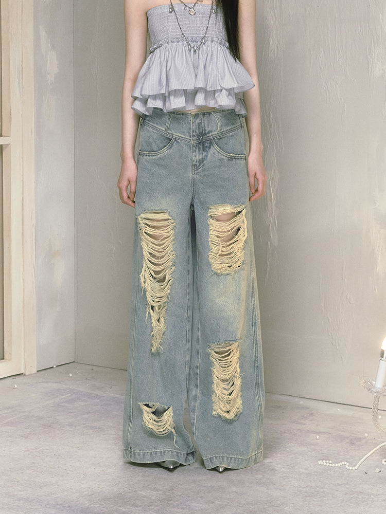 Vintage Style Distressed Shredded Wide Leg Jeans