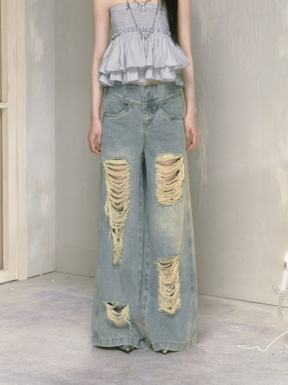 Vintage Style Distressed Shredded Wide Leg Jeans