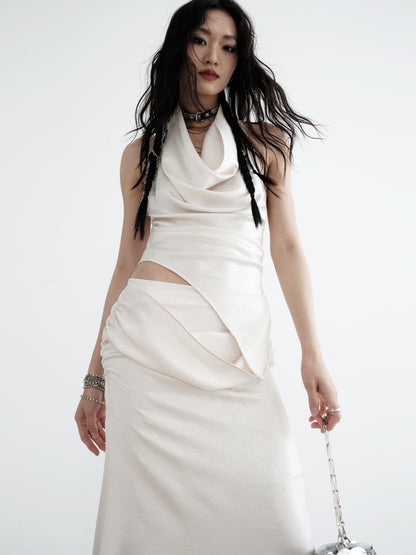 Asymmetrical Satin Draped Top And Maxi Skirt Set